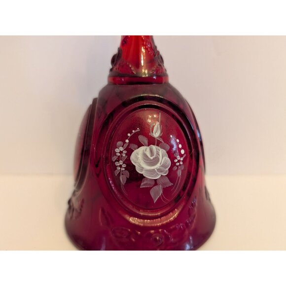 Vintage Fenton Ruby Red Glass Bell HandPainted White Rose Design Floral Details - Picture 2 of 7